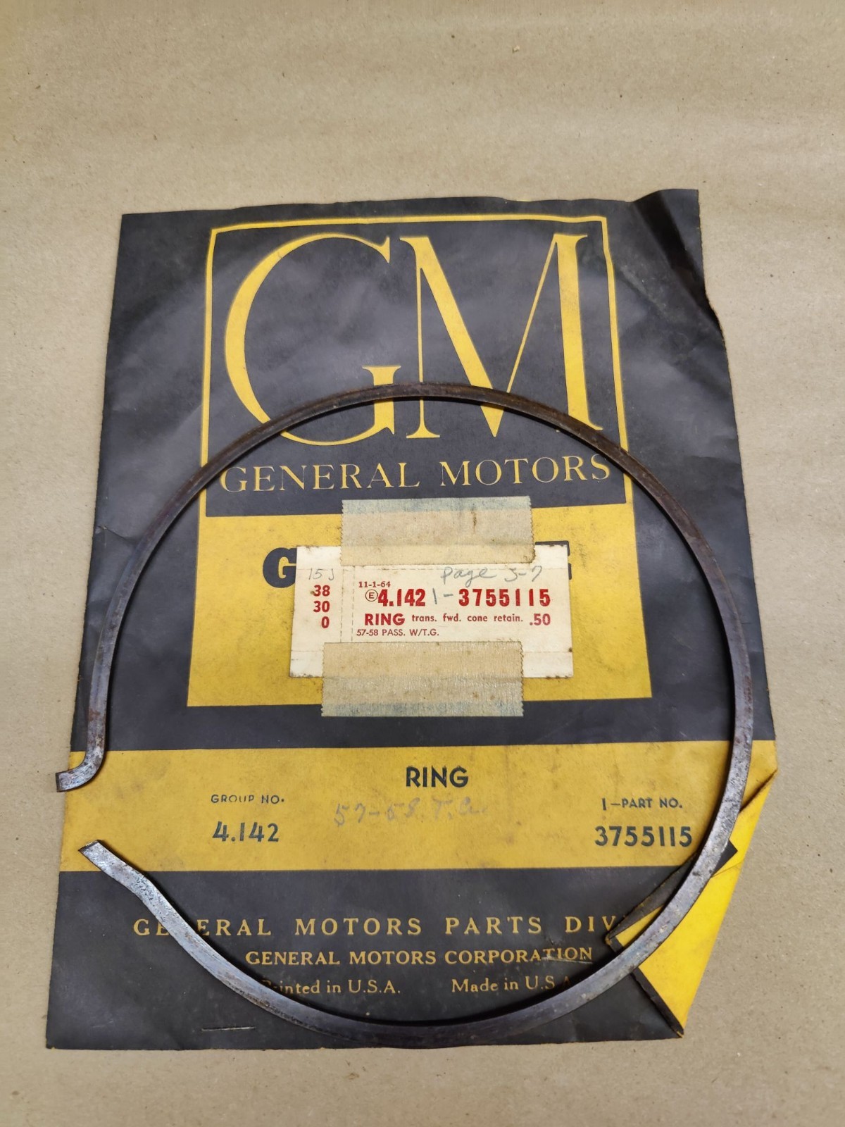 NOS OEM 1957-58 Chevy T.G. Transmission Forward Cone Retaining Ring GM 3755115