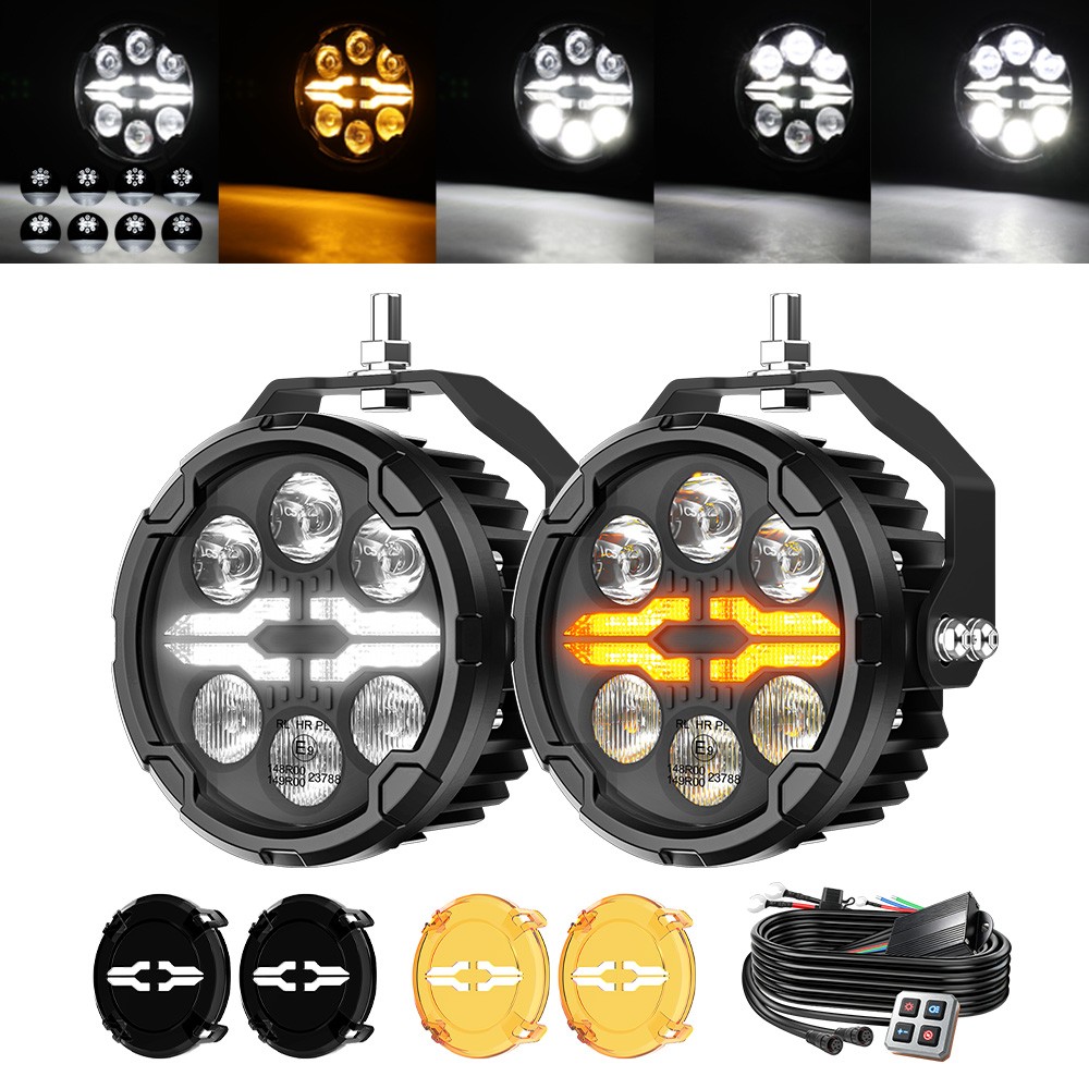 Pair 300W Motorcycle LED Spot Lights Yellow White Dual Color Auxiliary Fog Lamp