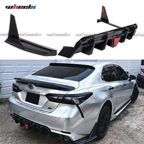 For 18-24 Toyota Camry SE XSE Gloss Black Rear Bumper Diffuser W/Smoke LED Light