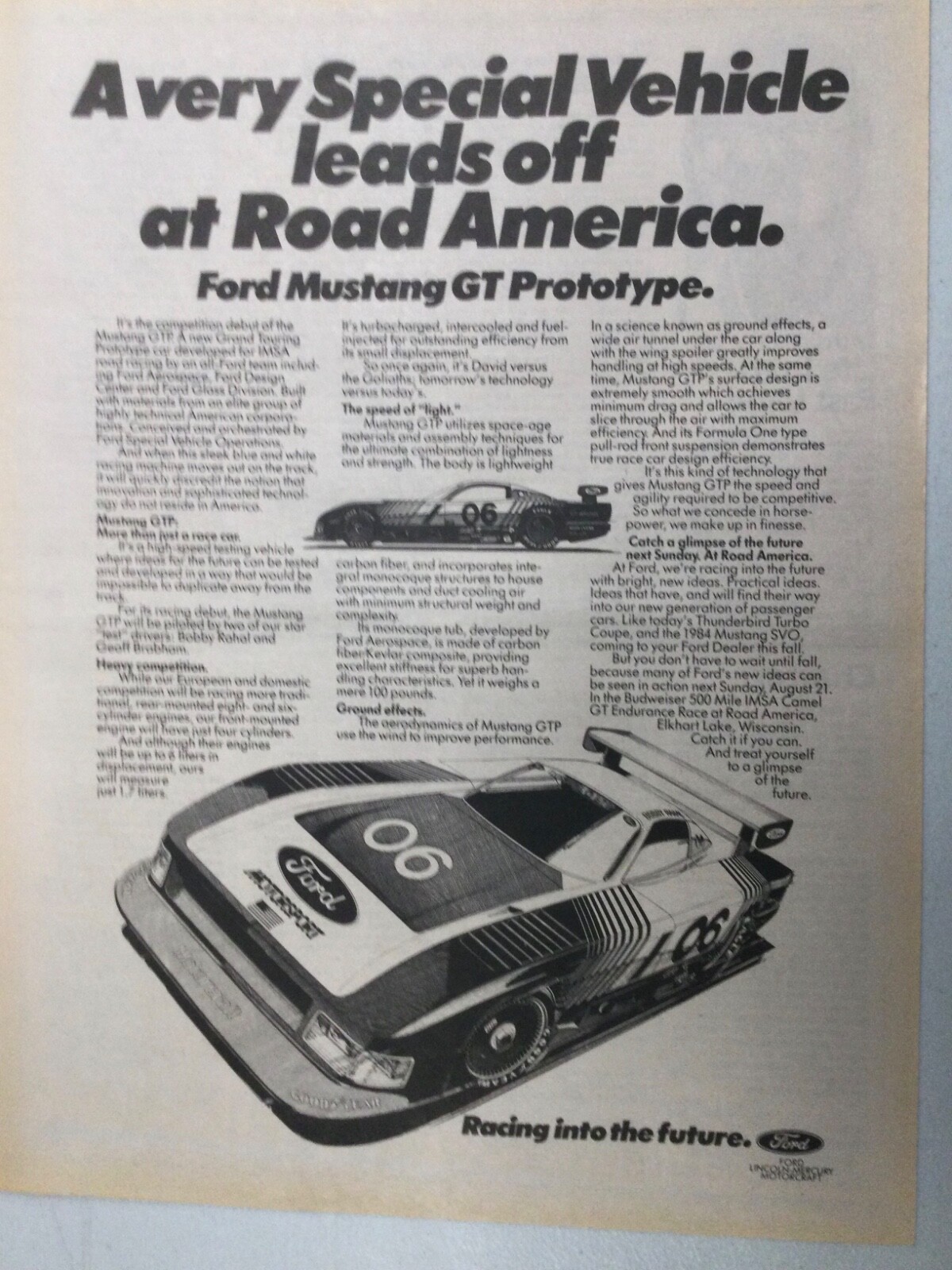 AW 51 Advertisement 1983 Ford Mustang GT Prototype Road America Racing 8-29-83