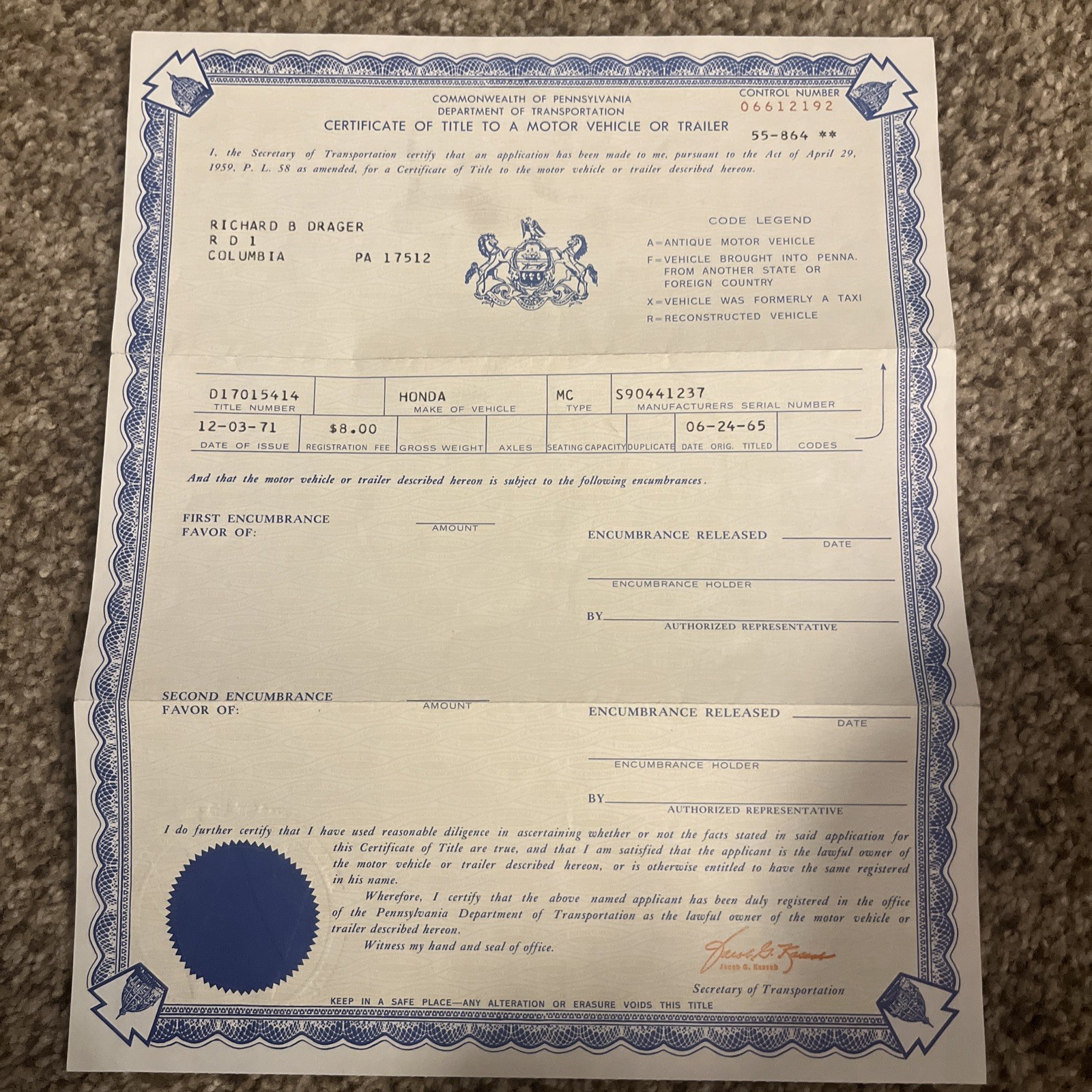 1965 Honda S90 Historical Document 