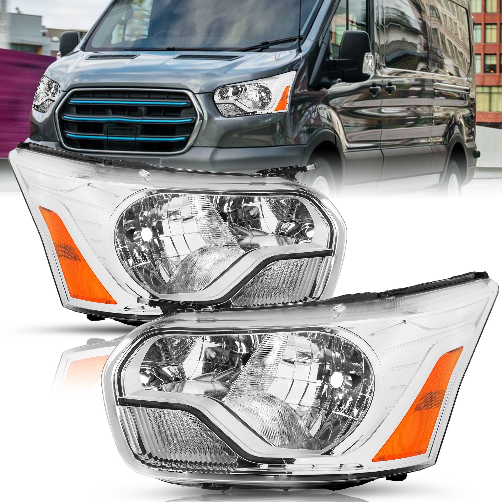 For 2015-2023 Ford Transit 150 250 350 Halogen Chrome Headlights Lamp Left+Right
