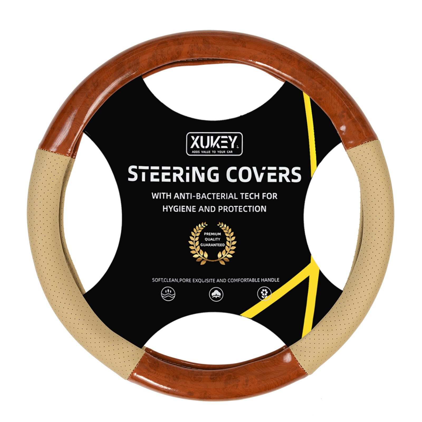 38cm 15'' Car Leather Steering Wood Grain Cover Beige Wheel Breathable Non-slip