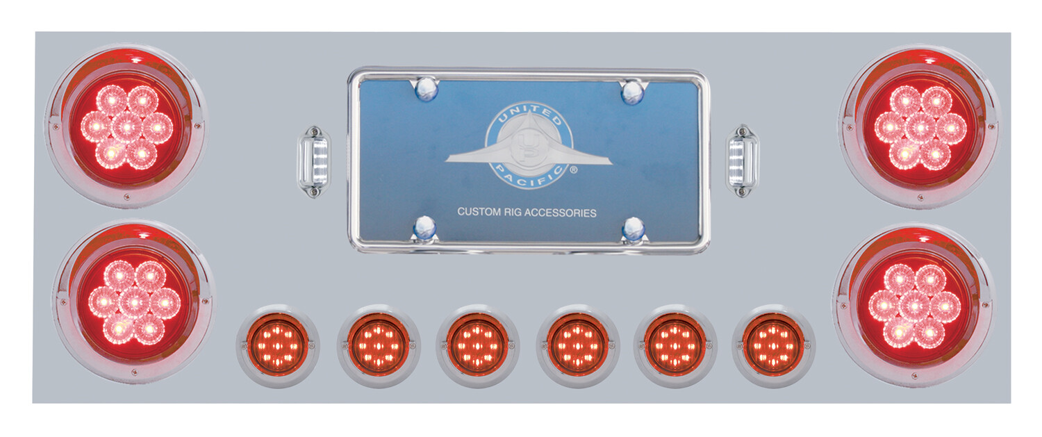 Rear Stainless Center Tail Panel w/ Red LED Lights, Red Lenses - Semi Trucks 