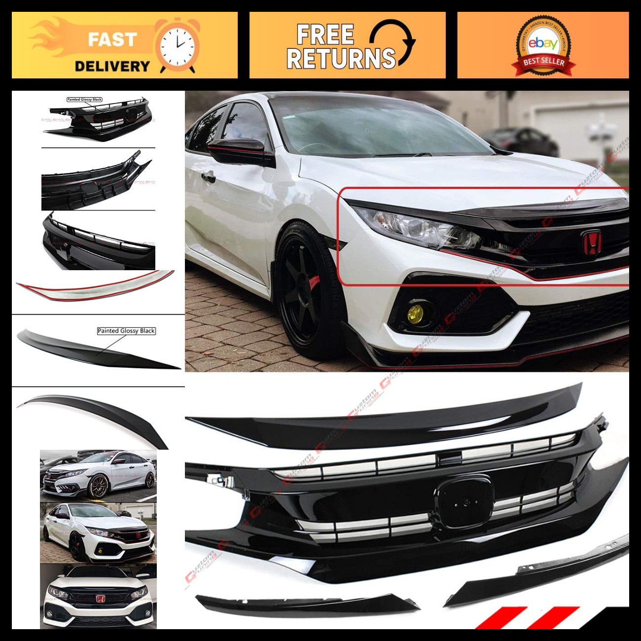 Glossy Black Front Grille & Hood Bumper Trim Nose Cover for 2016-2021 Civic Si/H Glossy Black Front Grille & Hood Bumper Trim Nose Cover for 2016-2021 Civic Si/H