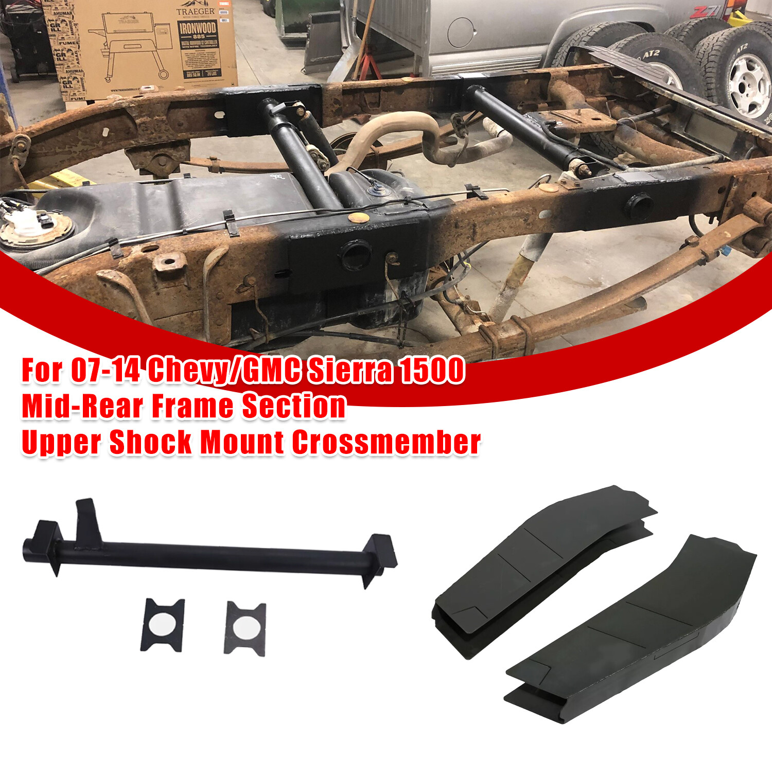 Mid-Rear Frame & Rear Upper Shock Mount Crossmember For 07-14 Chevy/GMC Sierra Mid-Rear Frame & Rear Upper Shock Mount Crossmember For 07-14 Chevy/GMC Sierra