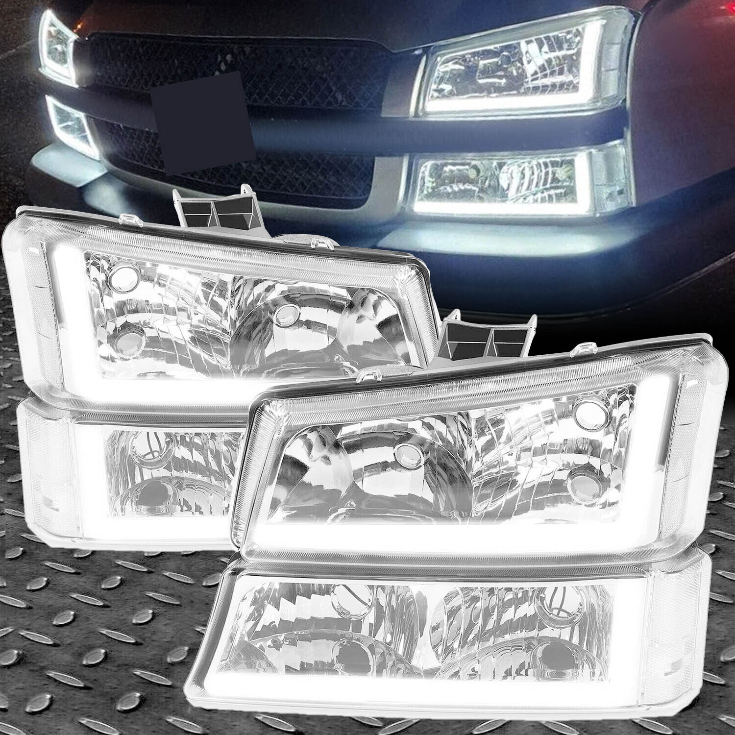 LED DRL Chrome Headlights+Bumper Lamps For 03-07 Chevy Silverado 1500 2500 3500