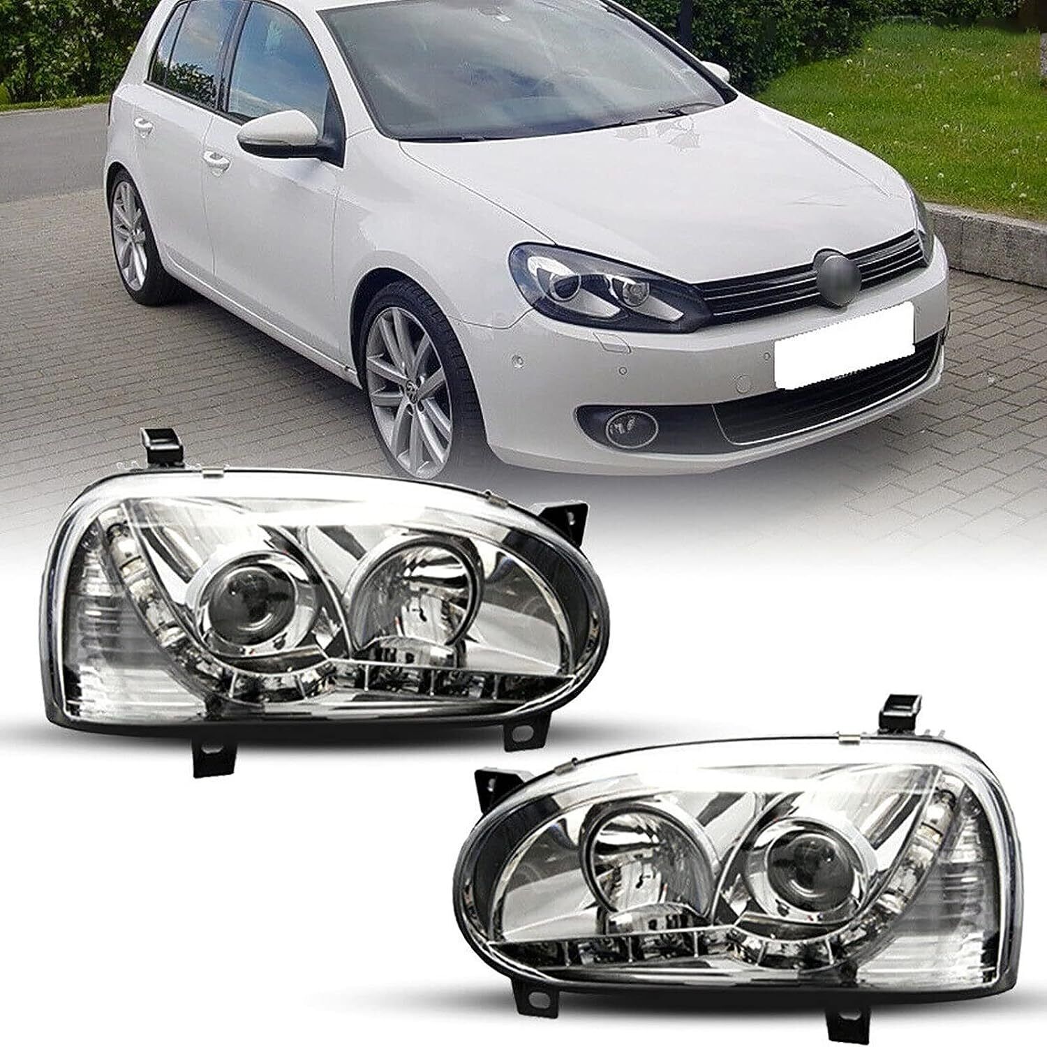 For 1993-1998 VW Golf 3 MK3 DRL Chrome LED Projector Headlights Headlamps Pair