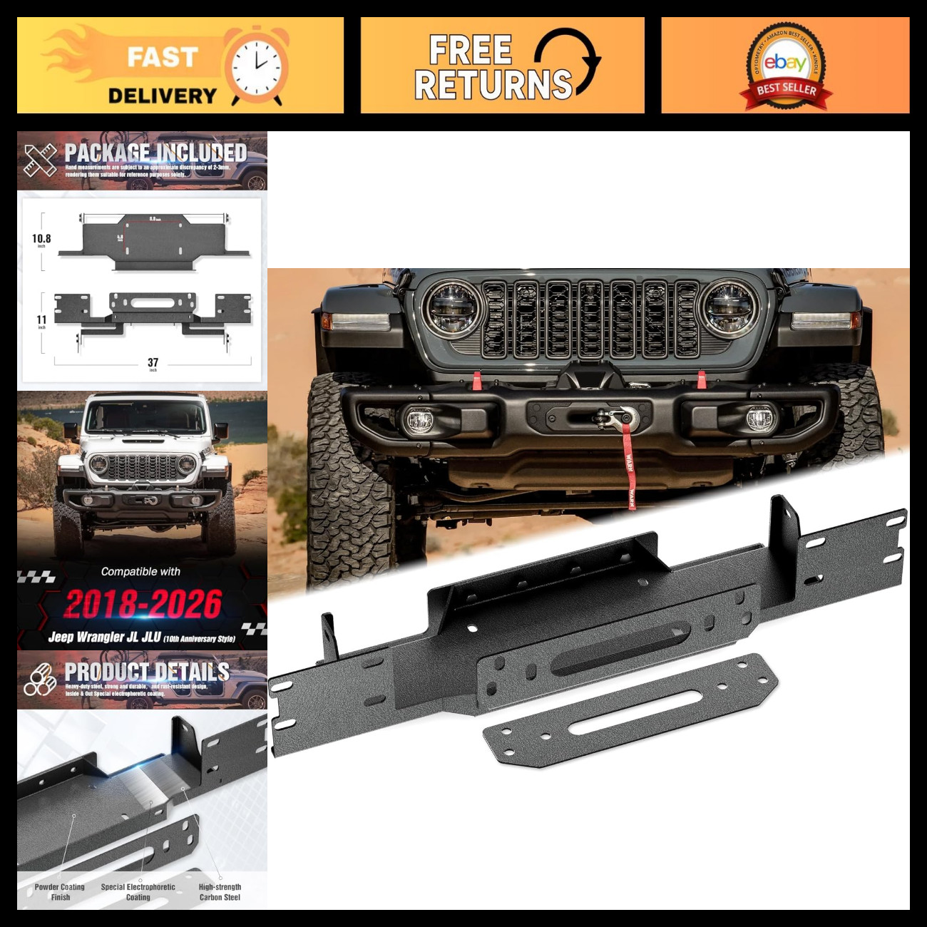 Heavy-Duty Winch Mounting Plate for Jeep Wrangler JL JLU 2018-2026, 12000lb Capa Heavy-Duty Winch Mounting Plate for Jeep Wrangler JL JLU 2018-2026, 12000lb Capa