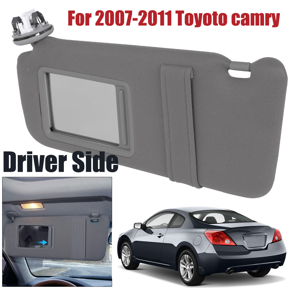 Gray Sun Visor for 2007-2011 Toyota Camry Left Driver Side w/ Sunroof Light Lamp