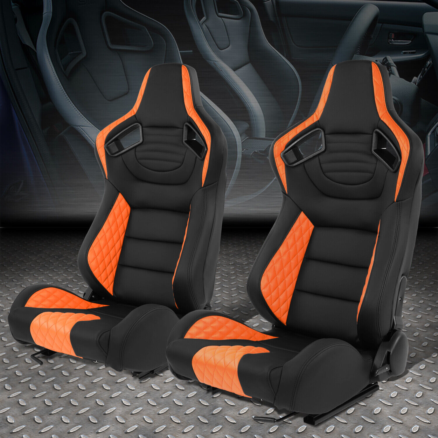 Pair Universal Black&Orange Vinyl Adjustable Reclinable Racing Seats w/ Sliders