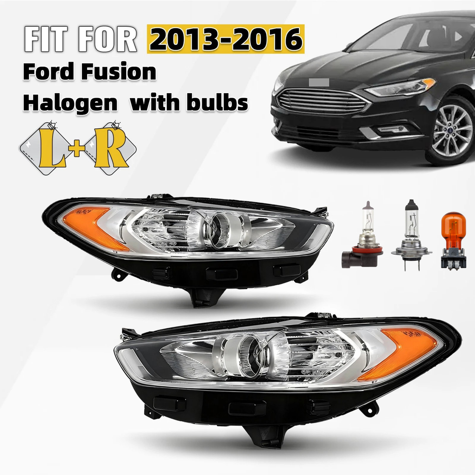 Pair Halogen Headlight For 2013-2016 Ford Fusion with Bulb Chrome Housing LH+RH