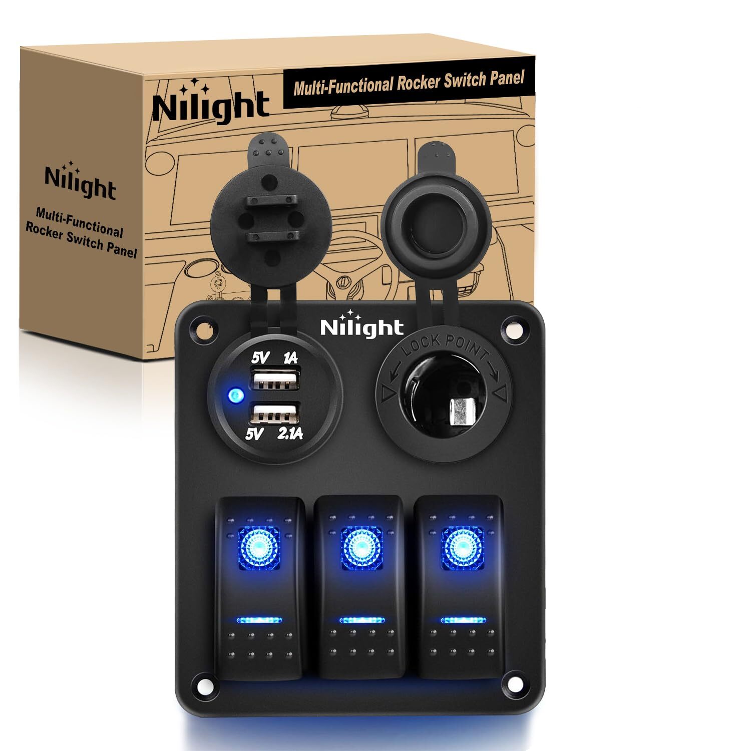 Nilight 3 Gang Rocker Switch Panel Pre-Wired Aluminum Panel with PD Type C USB