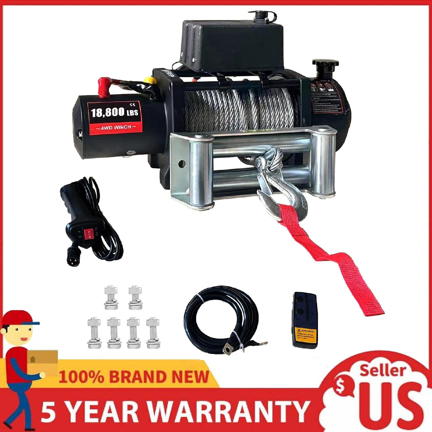 18800 LBS Electric Winch 12V 78FT Steel Cable Truck Trailer with Remote Control