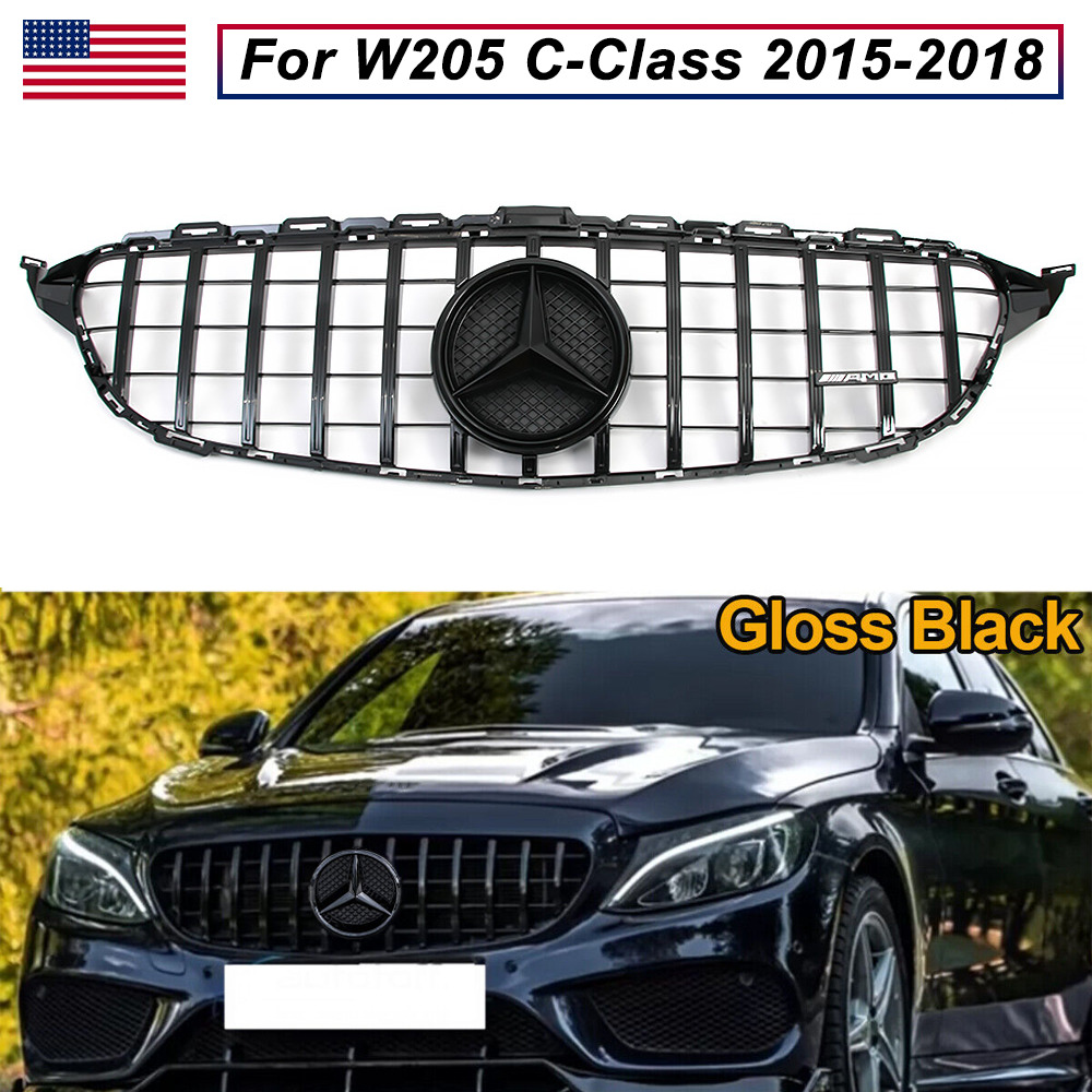Gloss Black GTR Grille w/Emblem For Mercedes W205 2015-2018 C250 C300 C43 AMG