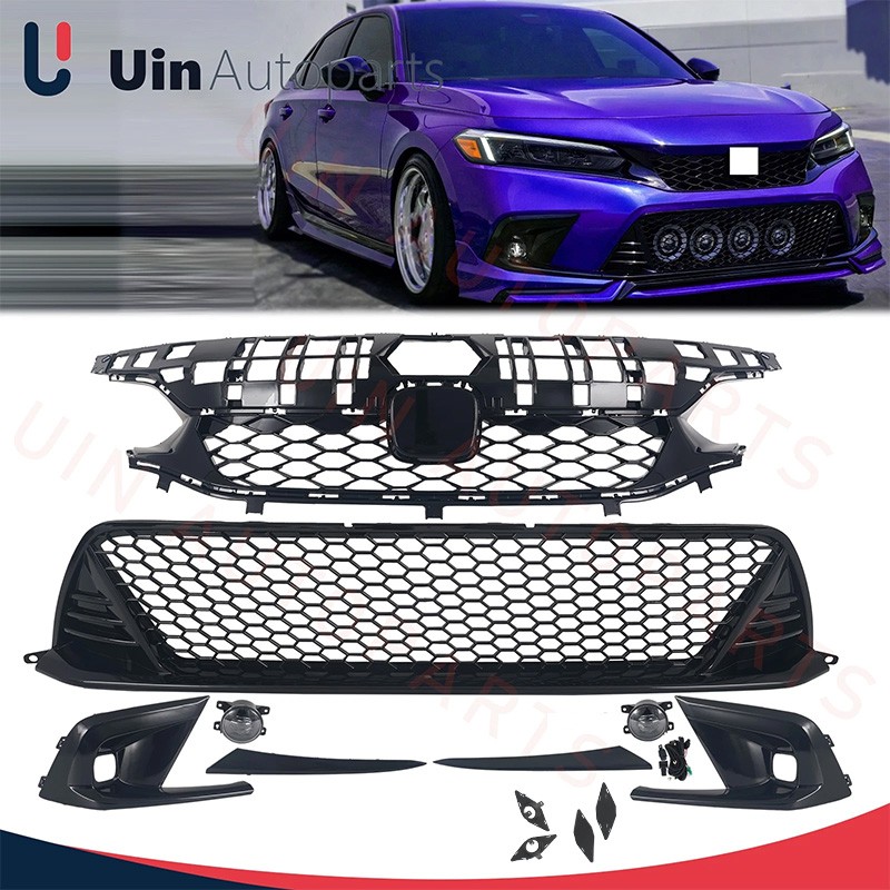 For 2022-2024 Civic Gloss Black Type R Style Upper Lower Grilles Fog Lights Kit
