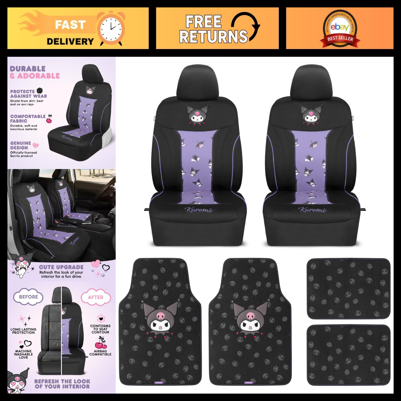 Cute Kuromi Car Seat Covers & 4PC Carpet Floor Mats - Universal Fit for Cars, SU Cute Kuromi Car Seat Covers & 4PC Carpet Floor Mats - Universal Fit for Cars, SU