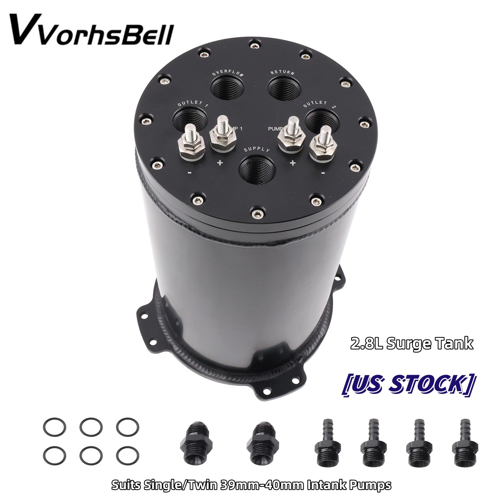 Black Fuel Surge Tank 2.8L For Single or 2.6L For Dual 39-40mm Pumps 8AN Ports