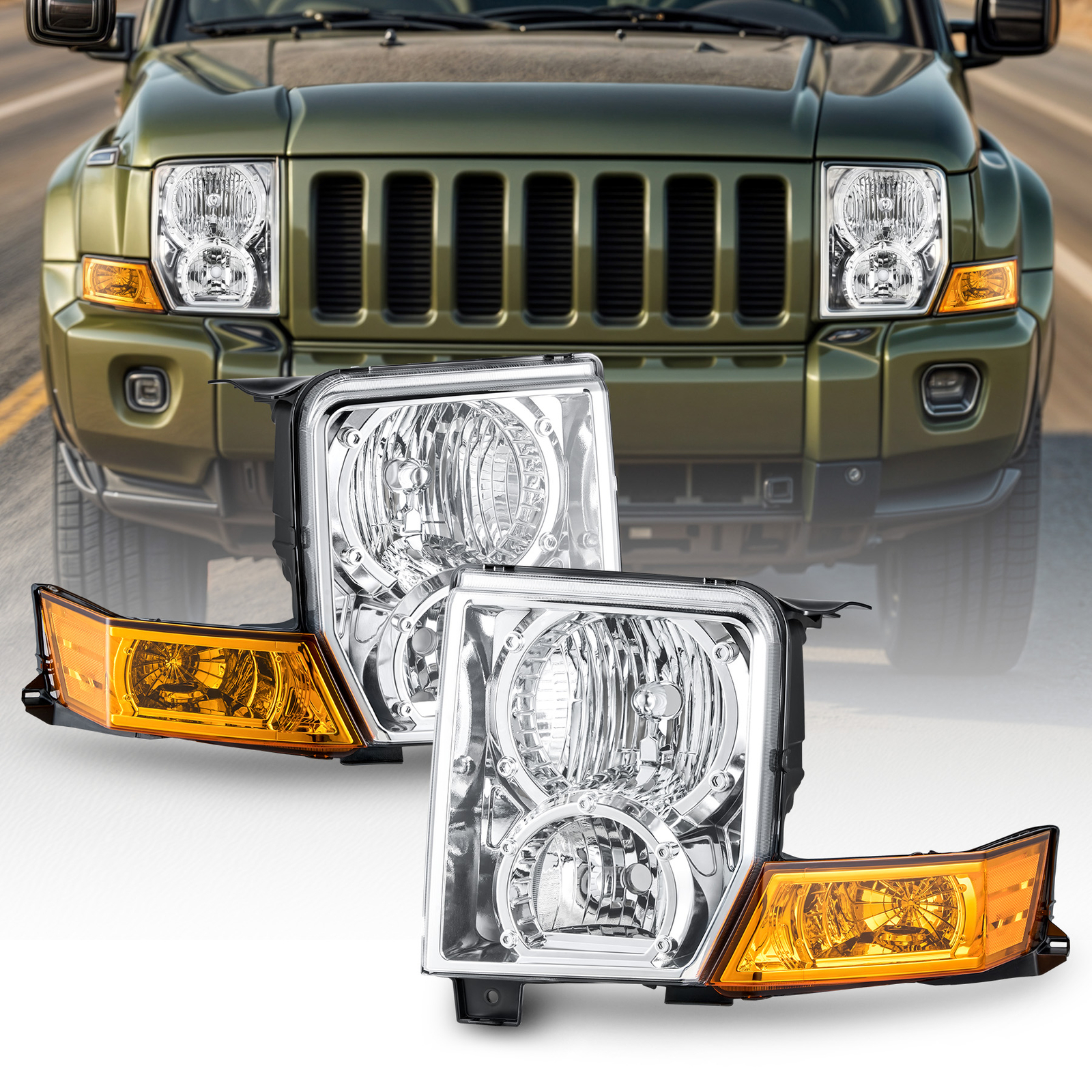 For 2006-2010 Jeep Commander Headlight Assembly Set Left + Right Halogen Type