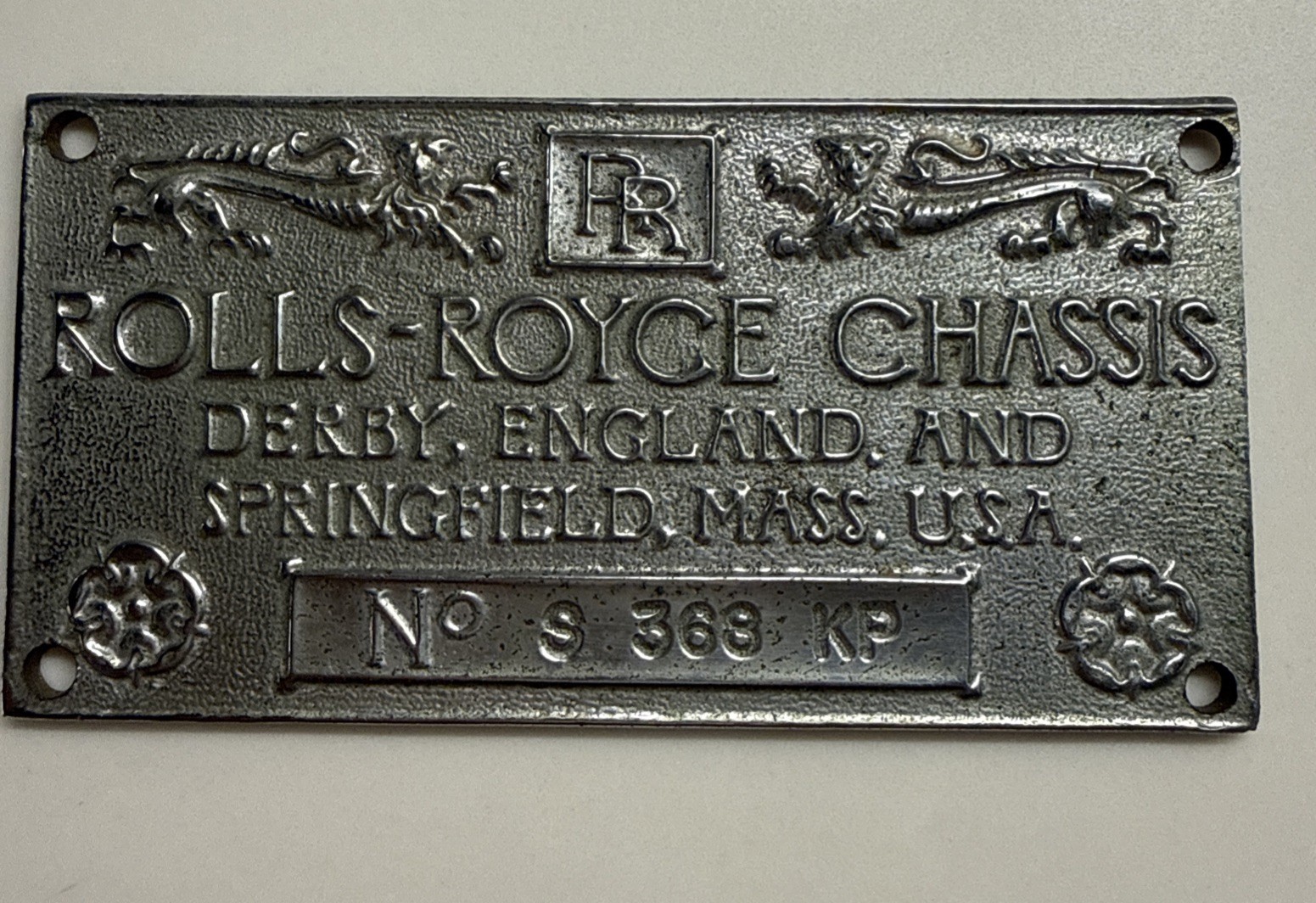 Original 1920s Rolls-Royce Springfield Chassis Plate – Phantom I S 368 KP