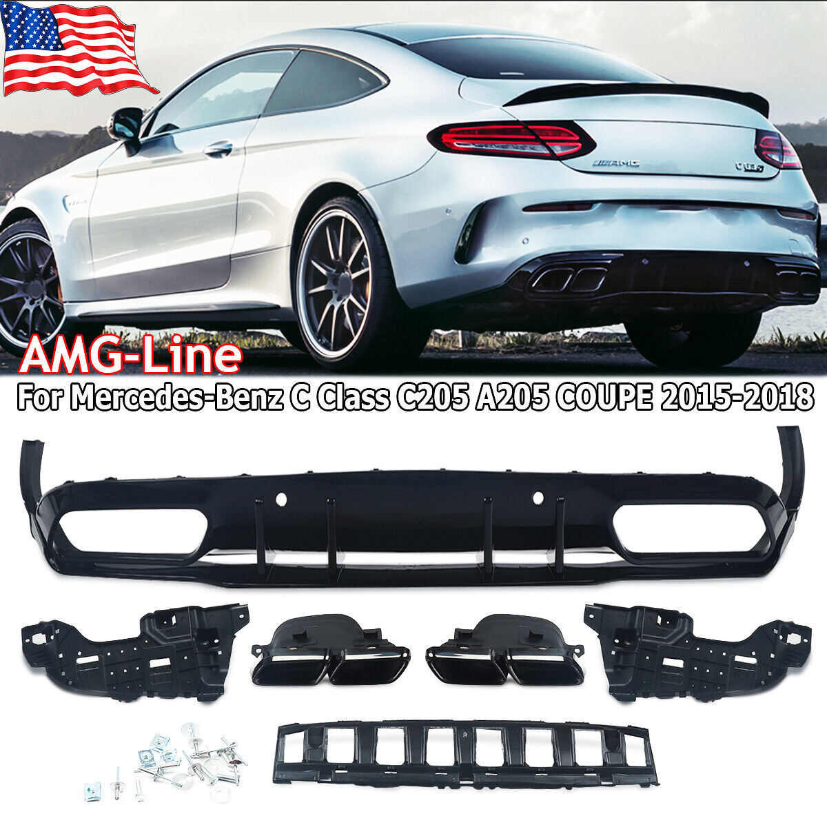Rear Diffuser+Exhaust Tips For Benz C205 COUPE C200 C300 C43 C63 AMG Line Bumper