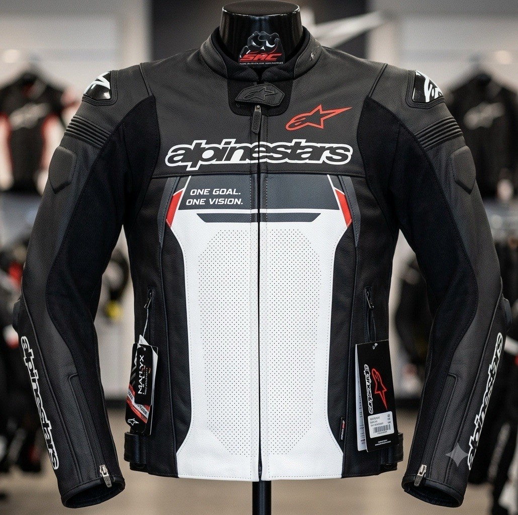 Alpinestars Leather Motorcycle Jacket Black White Racing Riding Armor Mens