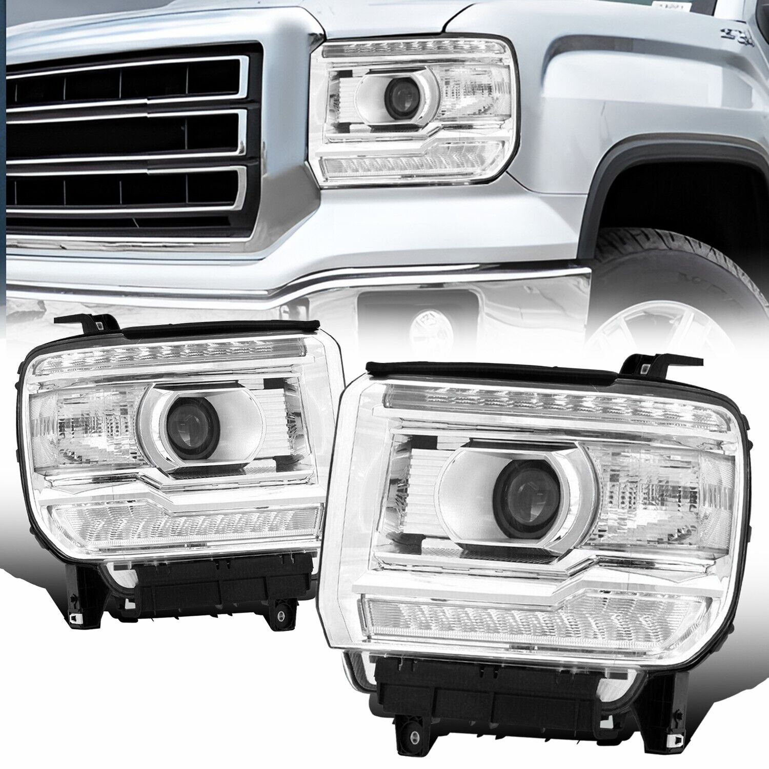 2x For 2014-2018 GMC Sierra 1500 DRL Projector Chrome Headlight Clear Reflector