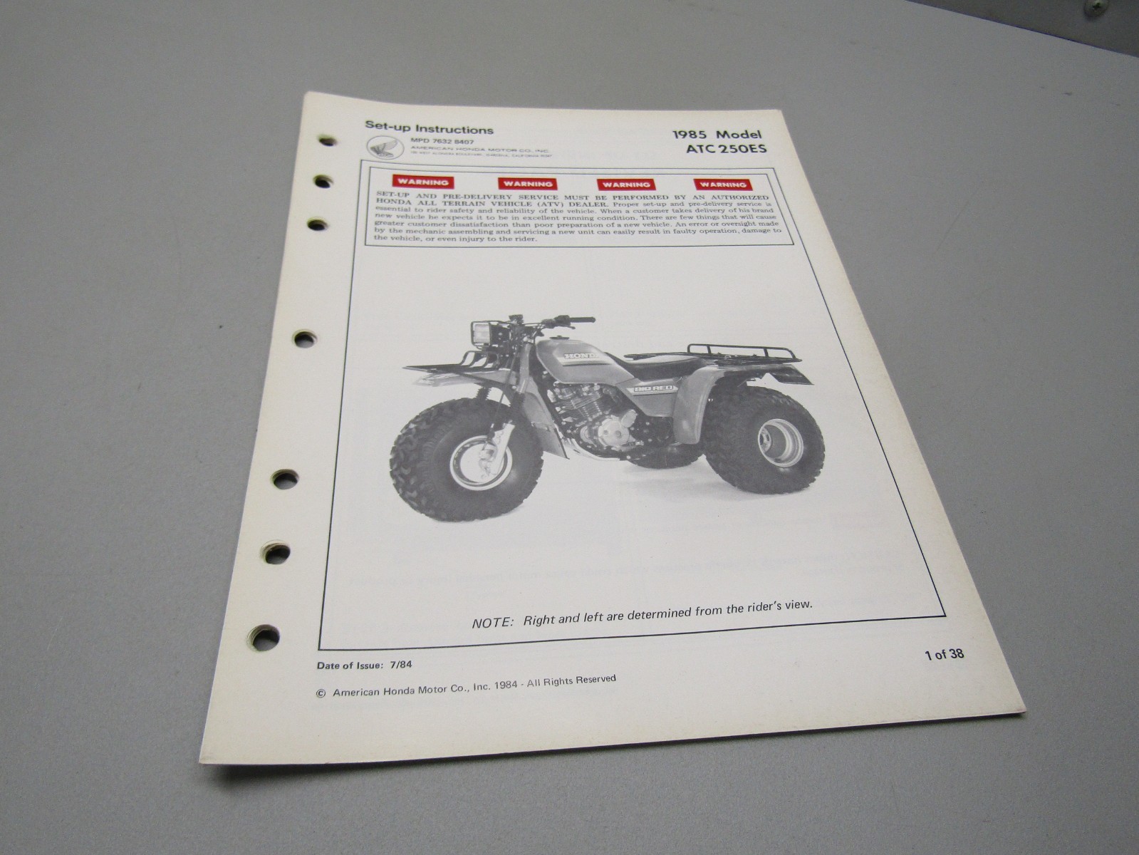 1985 HONDA ATC250ES BIG RED GENUINE DEALER SET UP INSTRUCTIONS 38 PAGES