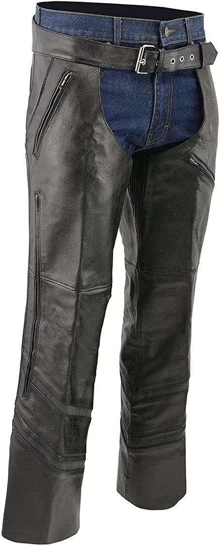 NWT M-Boss Men’s Black Jean Style Vented Leather Chaps Size L Black $150 FLA298 NWT M-Boss Men’s Black Jean Style Vented Leather Chaps Size L Black $150 FLA298