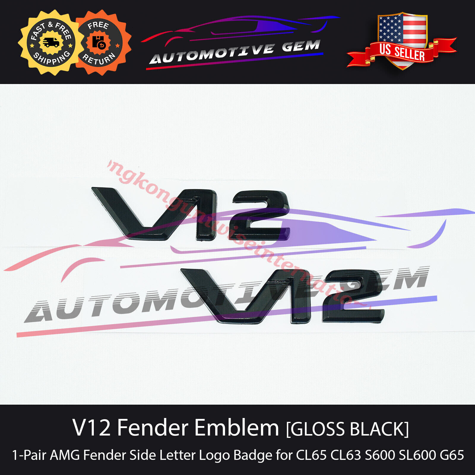 V12 AMG Emblem Fender Side Badge GLOSS BLACK Nameplate for Mercedes Benz CL SL S
