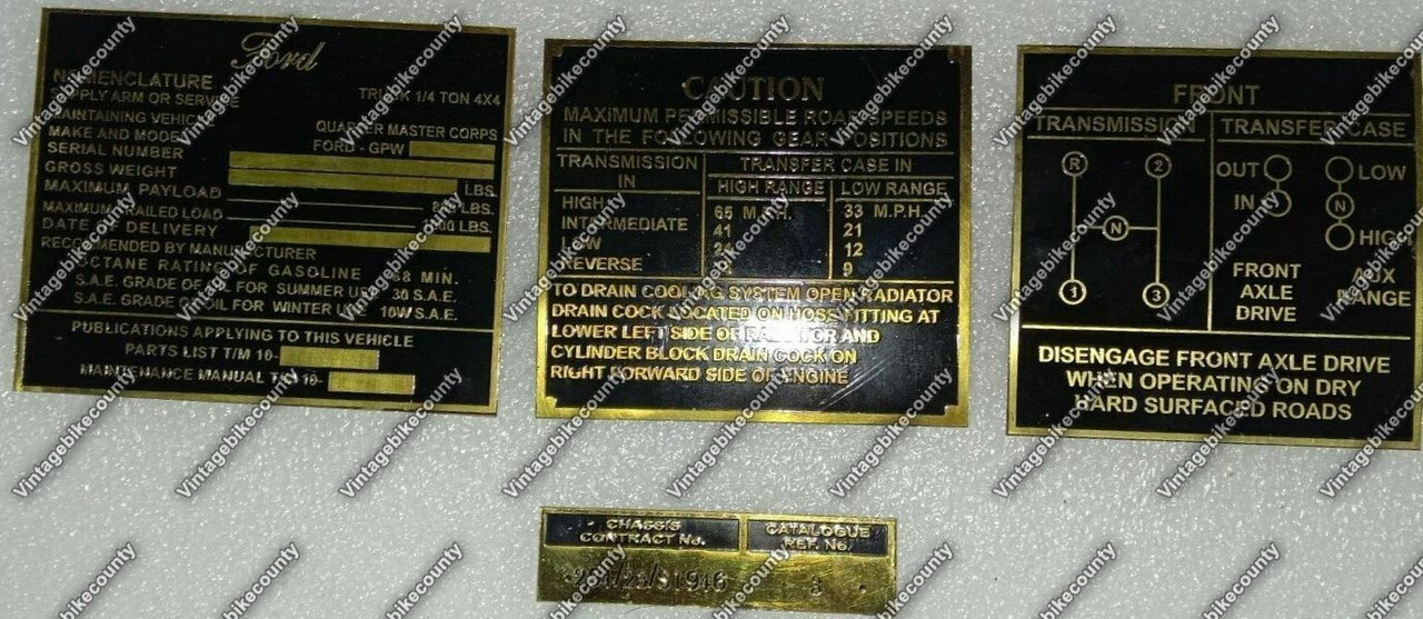Brand New Rare Brass Acid Etching For Ford MB GPW Dash Data Plate Set