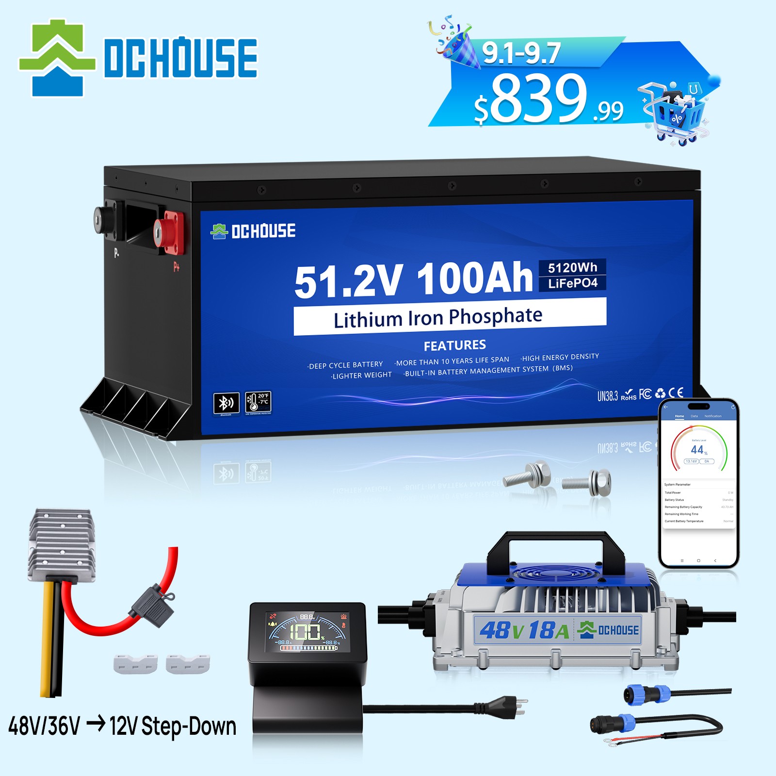 DC HOUSE Pro Metal Case 48V 100Ah Golf Cart Lithium Battery with 18A Charger