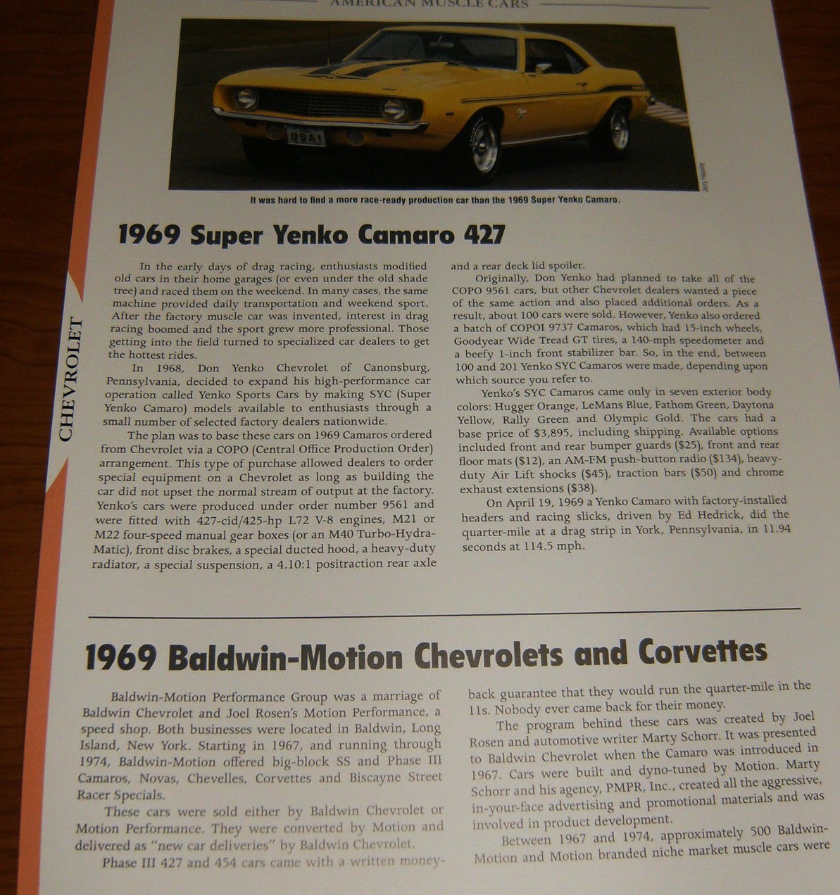 1969 Chevy Camaro Yenko 427 Spec Info Photo 69 SC COPO 68 67
