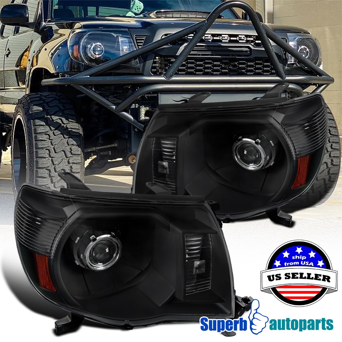 Fits 2005-2011 Toyota Tacoma Projector Headlights 05-11 Head Lamps Black Pair