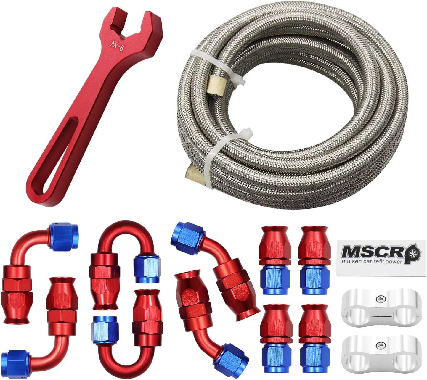 Red Pro AN6 20FT PTFE Fuel Line Hose Kit Stainless Steel Braided 3/8