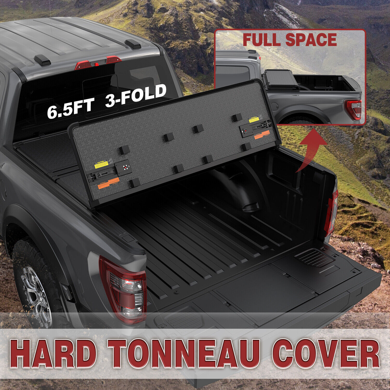 6.5FT 3-Fold Hard Tonneau Cover For 2015-24 Ford F150 Long Bed Truck w/ LED Lamp