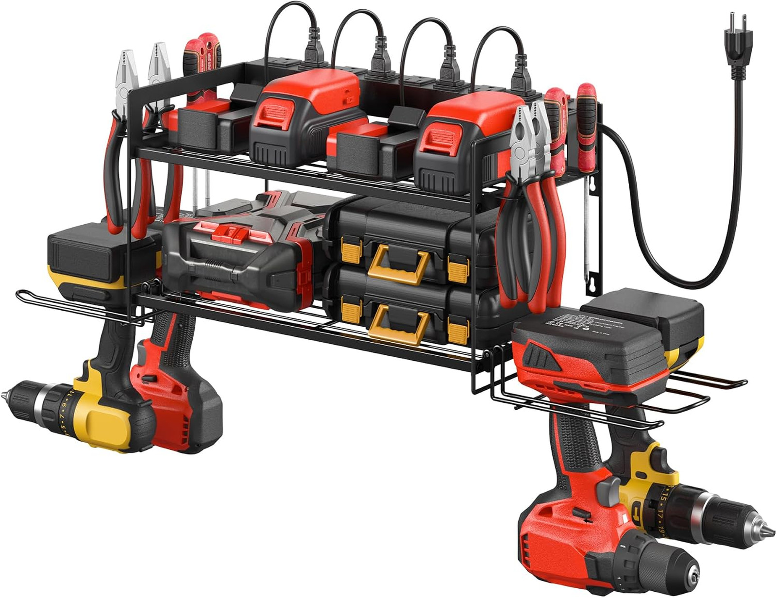 Garage Tool Organizer with Charging Station Power Strip Wall Mount Rack Black