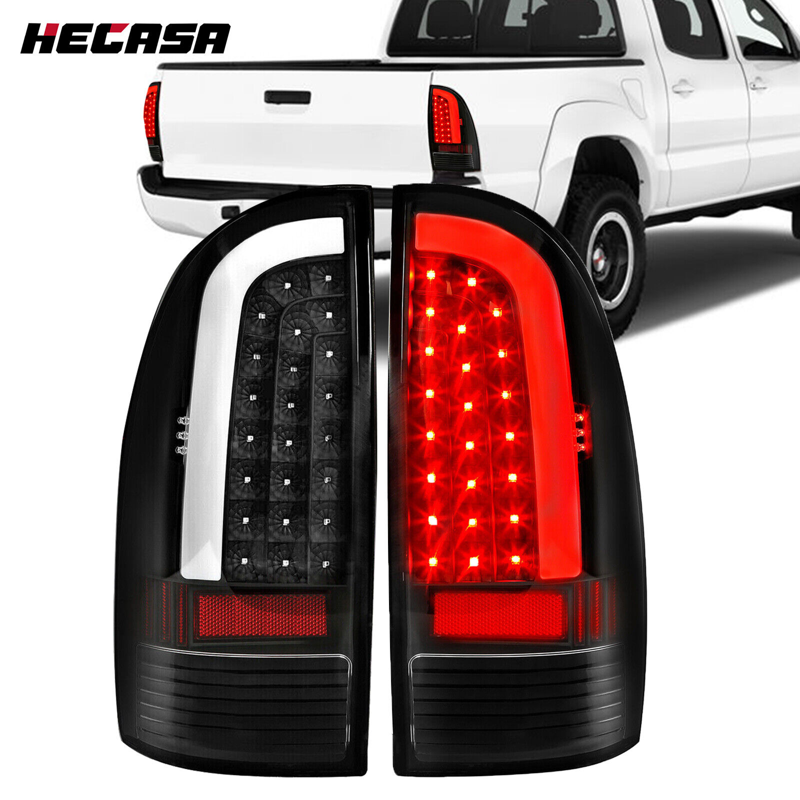 HECASA LED Tube Tail Lights Black Lamps Left+Right For Toyota Tacoma 2005-2015