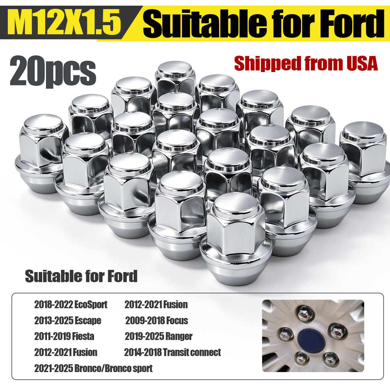 M12x1.5 Lug Nuts 20PCS Chrome | Compatible with Ford Escape Focus Fusion Fiest