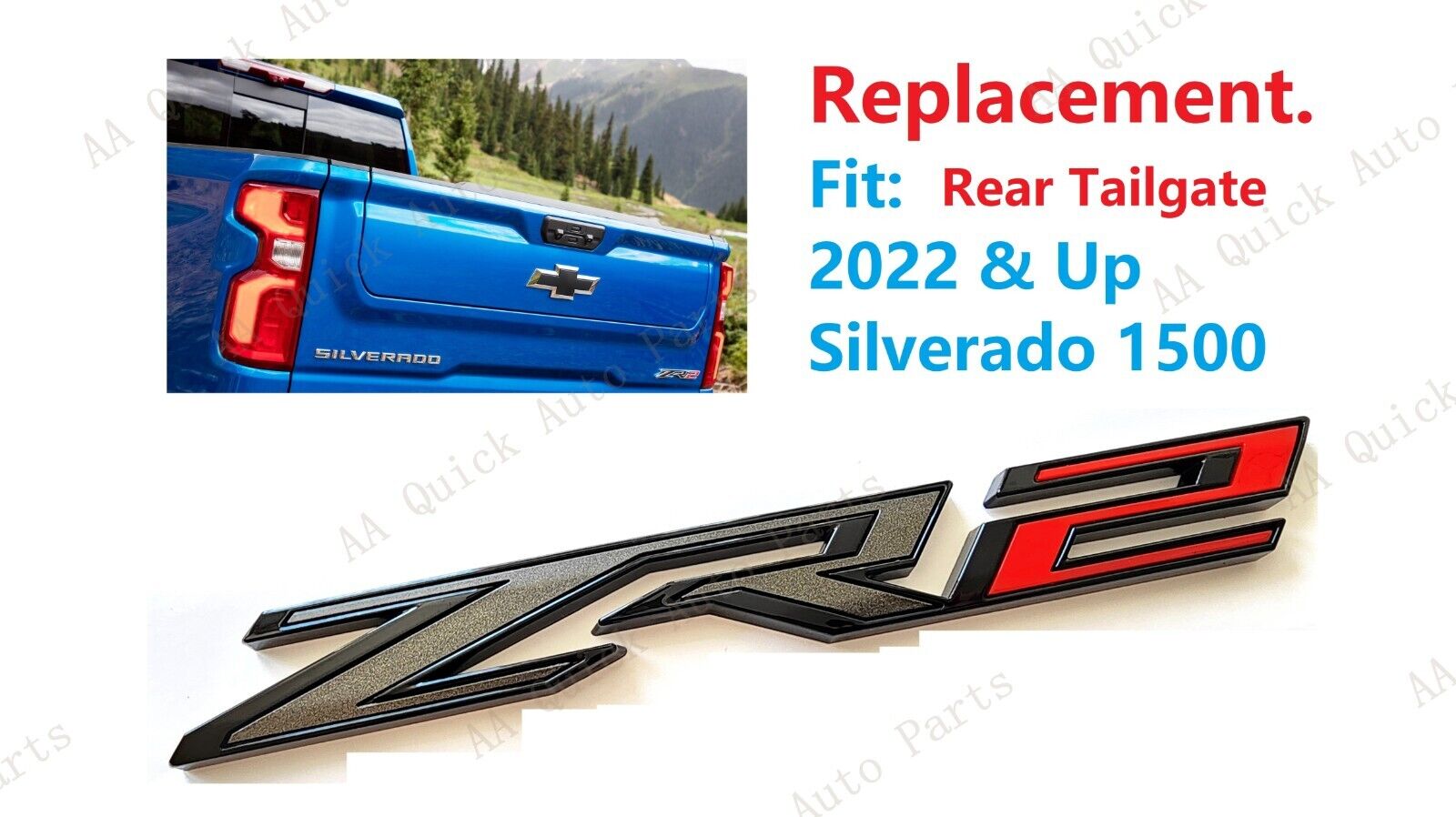 1PCS Gloss Black Red Rear Tailgate ZR2 Emblem Badge Fit 2022-2024 Silverado 1500