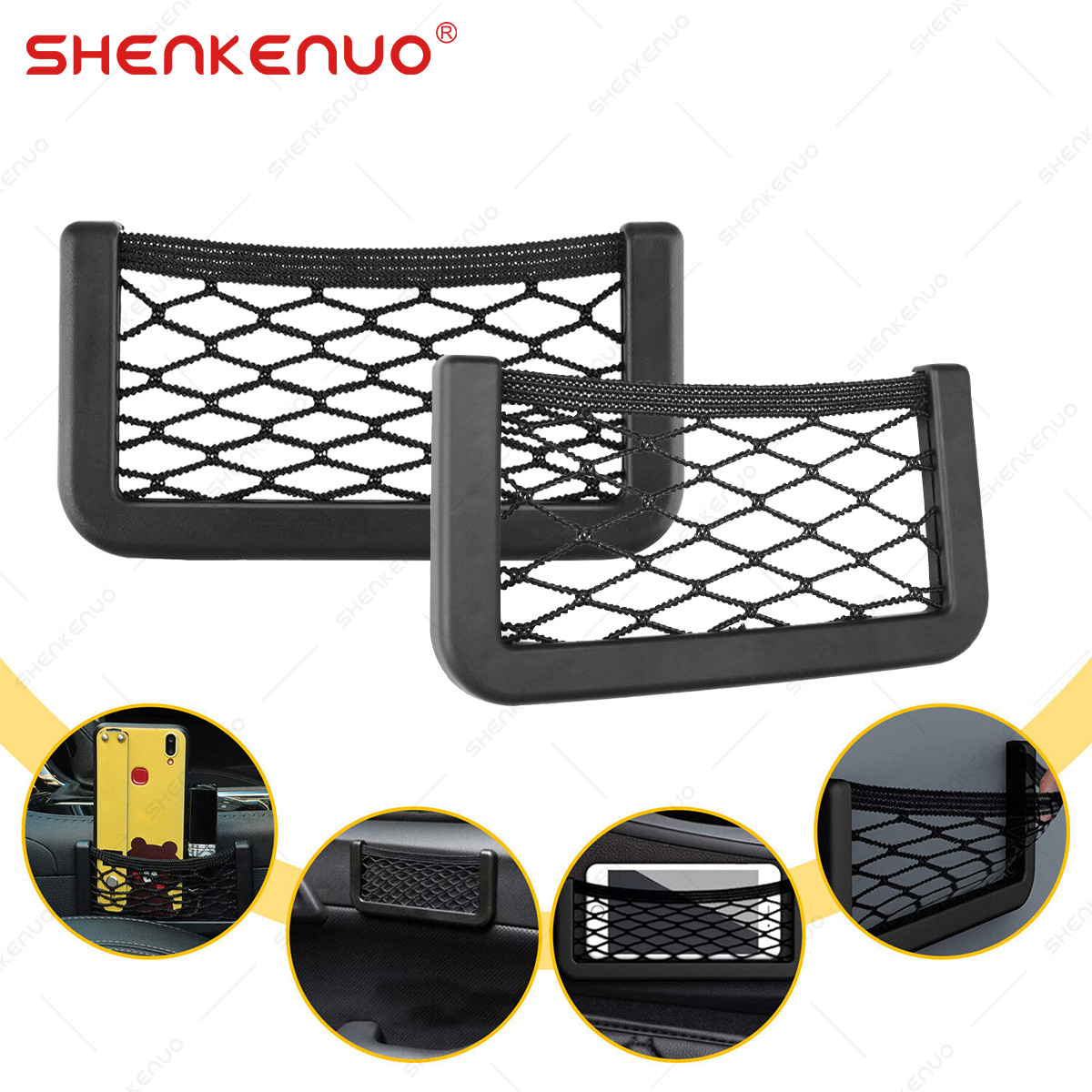 2pcs Car Interior Body Edge Black Elastic Net Storage Phone Holder Accessories