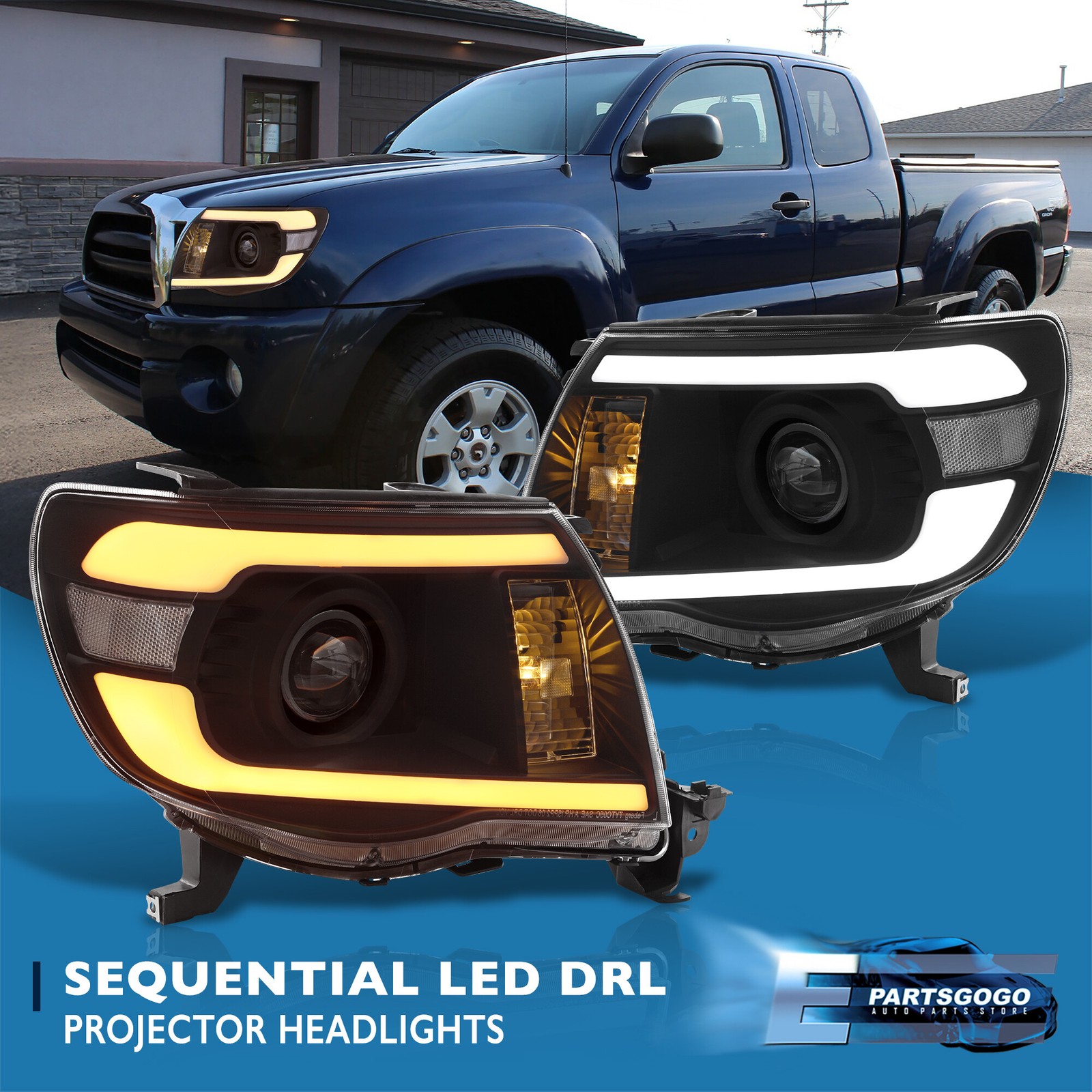 For 05-11 Toyota Tacoma Black Sequential LED DRL Projector Headlights Lamps Pair
