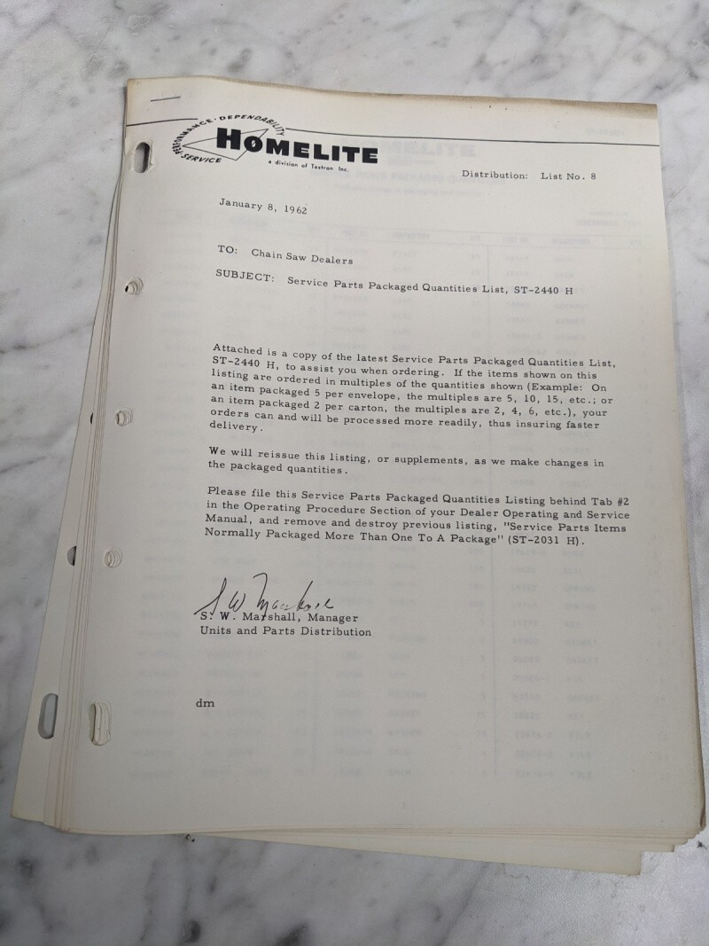 HOMELITE DEALER SERVICE PARTS PACKAGED QUANTITIES LIST ST-2440 H 1962 LITERATURE HOMELITE DEALER SERVICE PARTS PACKAGED QUANTITIES LIST ST-2440 H 1962 LITERATURE