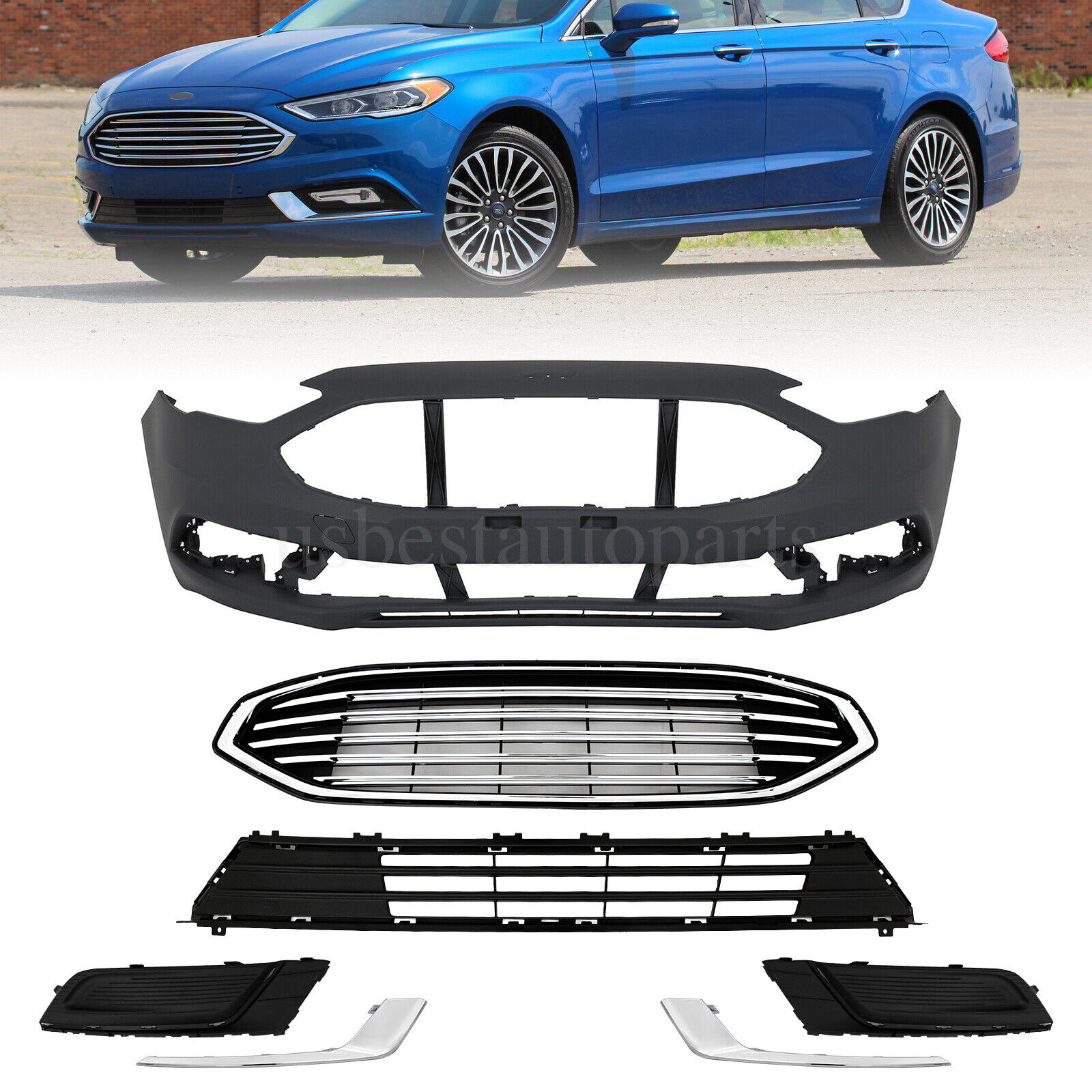 For Ford Fusion 2017 2018 Front Bumper Cover No Fold W/Grille Fog Lamp Covers