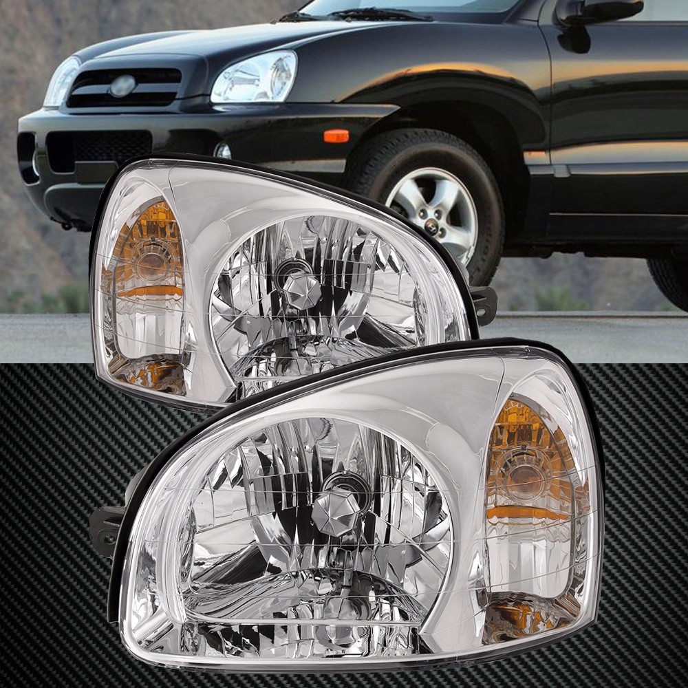 Fits 03-06 Hyundai Santa Fe Headlights Headlamps Pair Set Halogen New Chrome