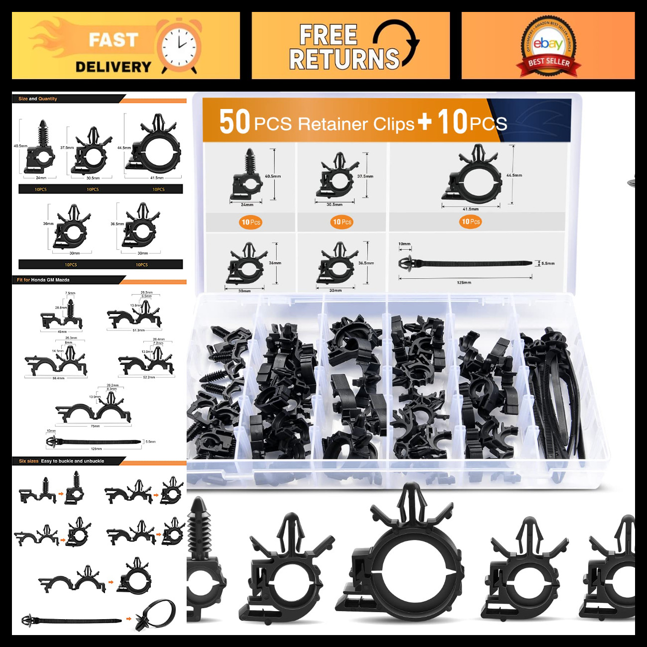 60Pcs Car Wire Loom Clips - 6 Sizes Universal Wiring Harness Routing Clip Set