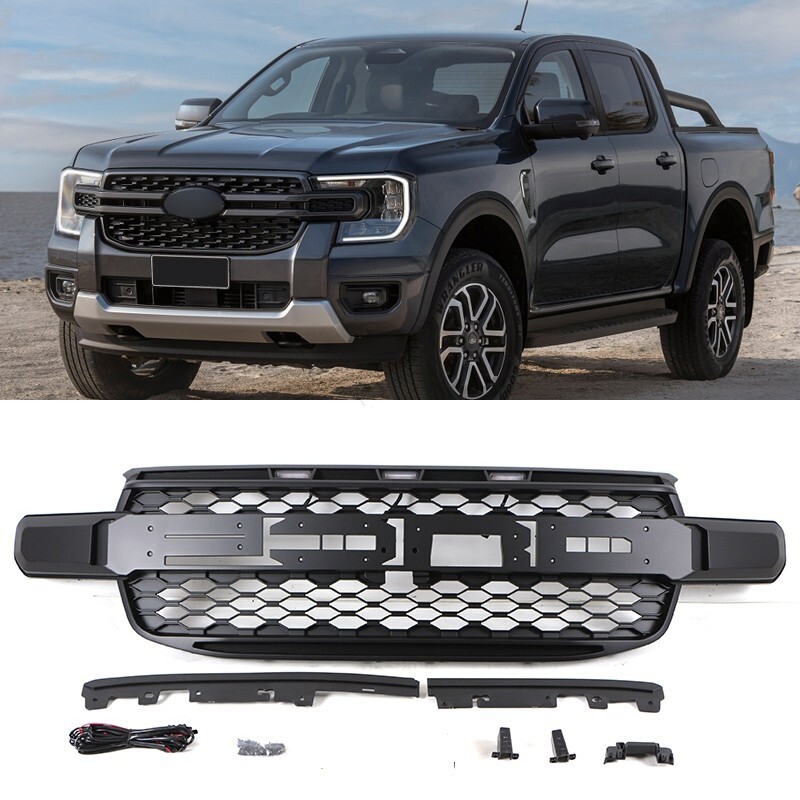 Black Front Grille Fits For Ford Ranger T9 2023 + Upper Grill With LED Light