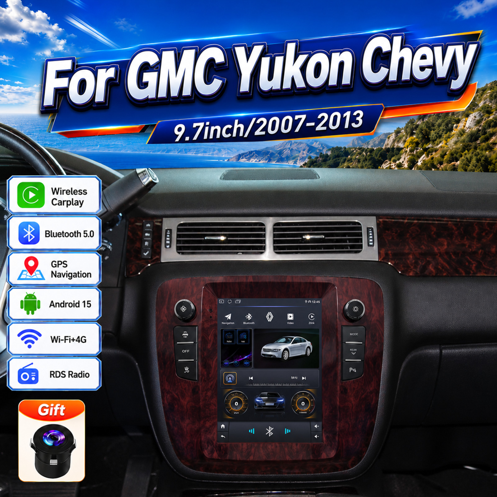 For 2007-2013 GMC Yukon Chevy Tahoe Suburban Apple CarPlay Car Radio Stereo GPS