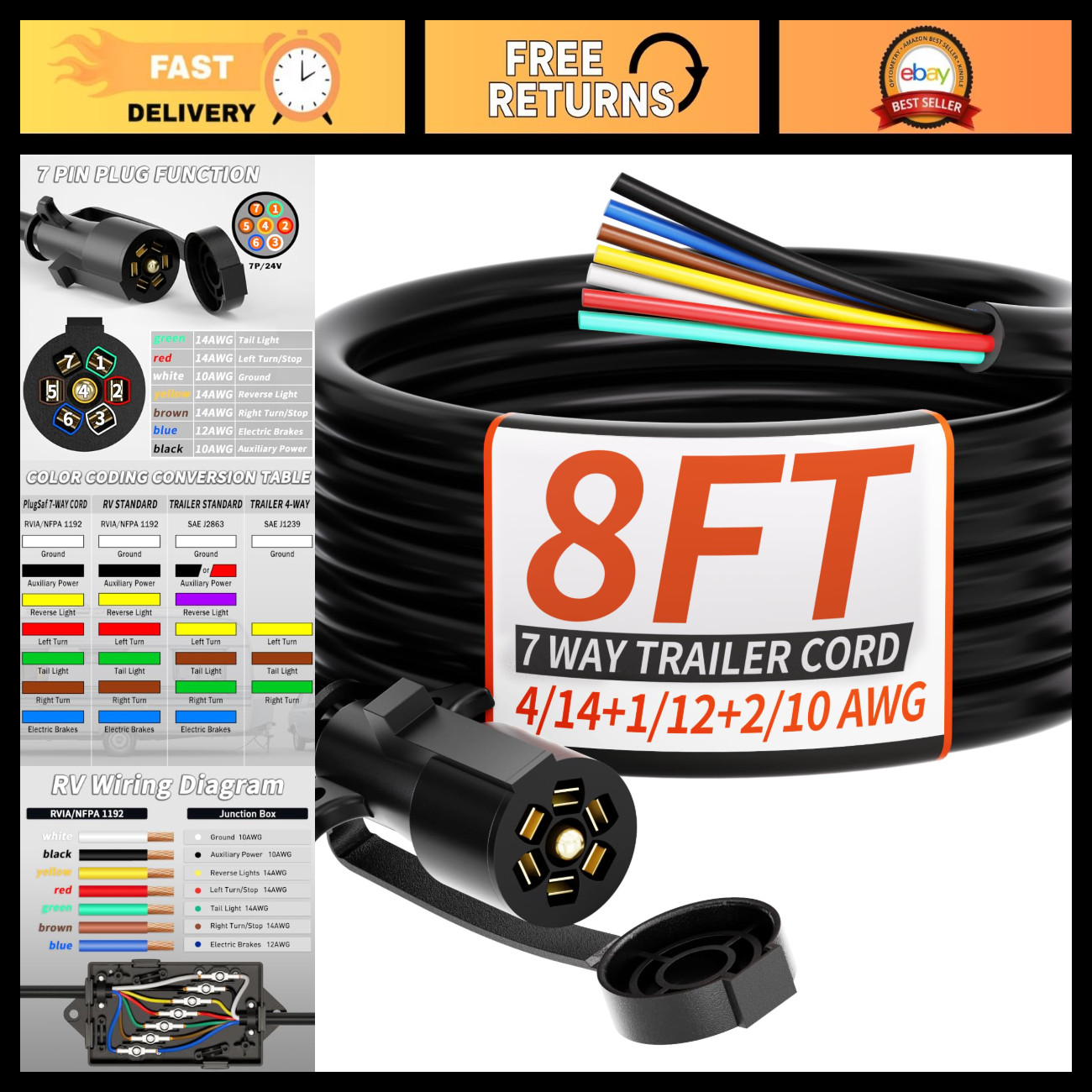 Heavy Duty 8FT 7 Way Trailer Plug Wiring Harness Cord - Durable 7 Pin Connector Heavy Duty 8FT 7 Way Trailer Plug Wiring Harness Cord - Durable 7 Pin Connector
