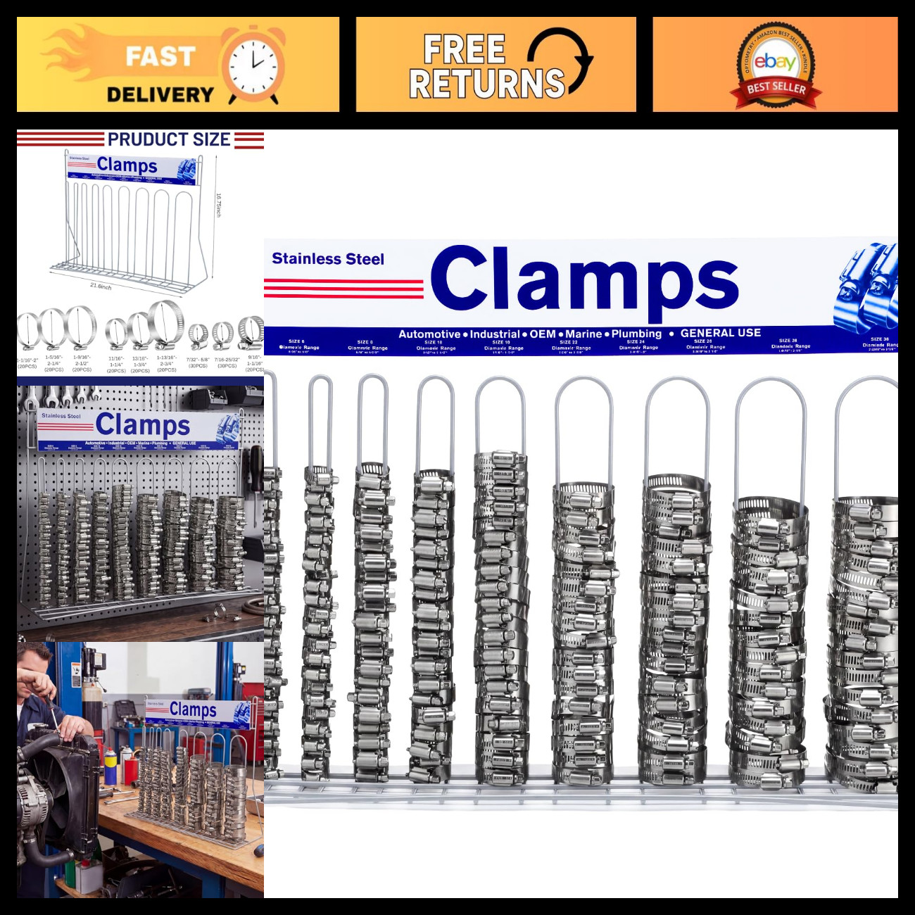 200pcs Stainless Steel Hose Clamp Assortment with Display Rack - Multiple Sizes